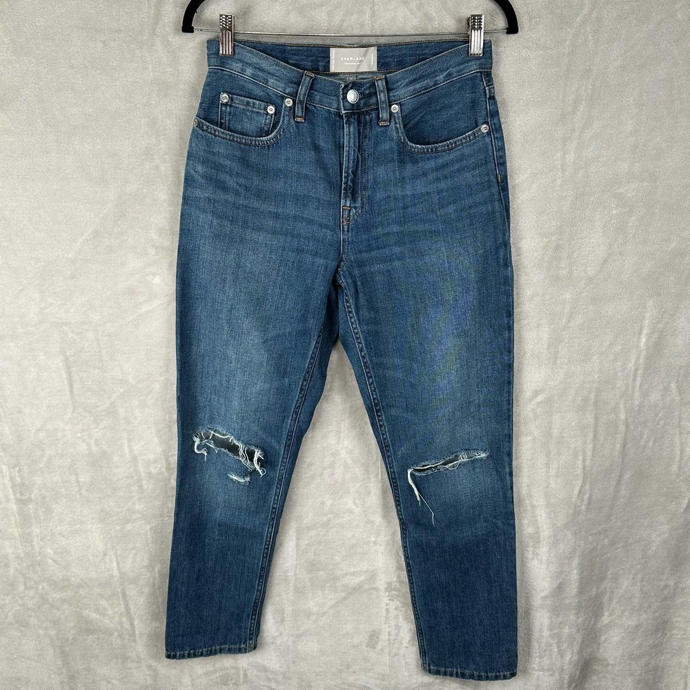 Everlane Summer Jeans Womens 25 Blue Medium Wash High Rise Straight Distressed